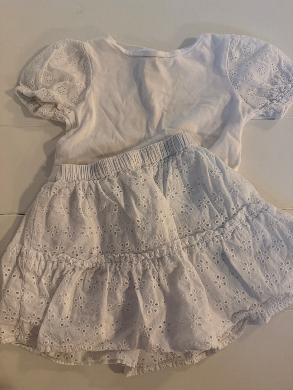 Crewcuts White Eyelet Puff-Sleeve Top and Ruffled Eyelet Skirt Set